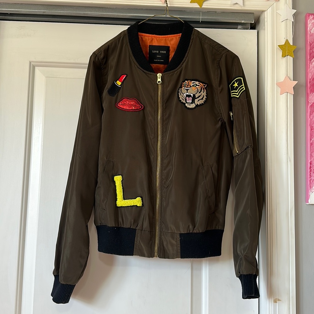 Love tree forest green bomber jacket with patches and gold zippers size S